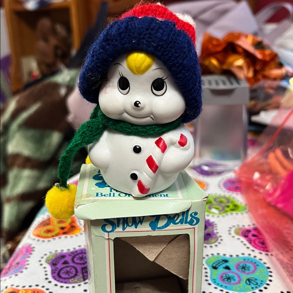 Giftco Snowman Ceramic Bell Figurine Knit Hat Scarf Candy Cane